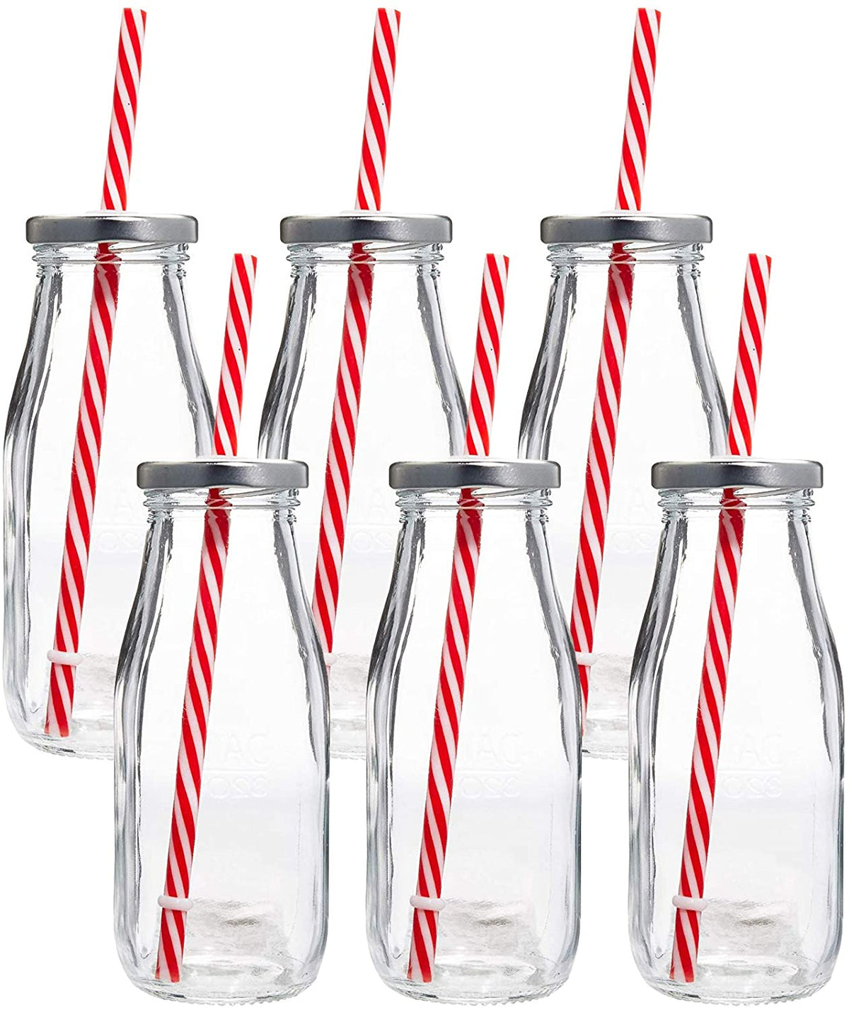 Glass Milk Bottles with Straws (Set of 6)