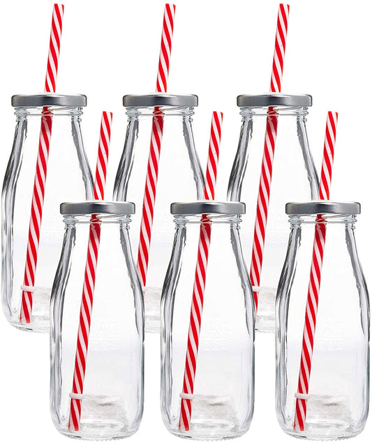 Glass Milk Bottles with Straws (Set of 6)
