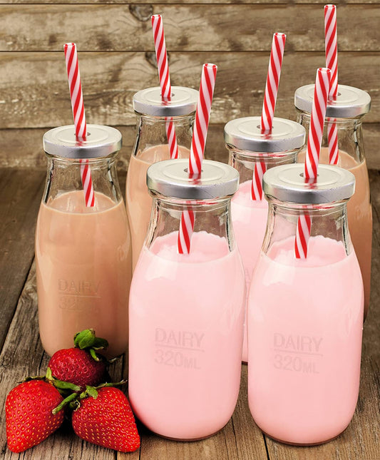 Glass Milk Bottles with Straws (Set of 6)