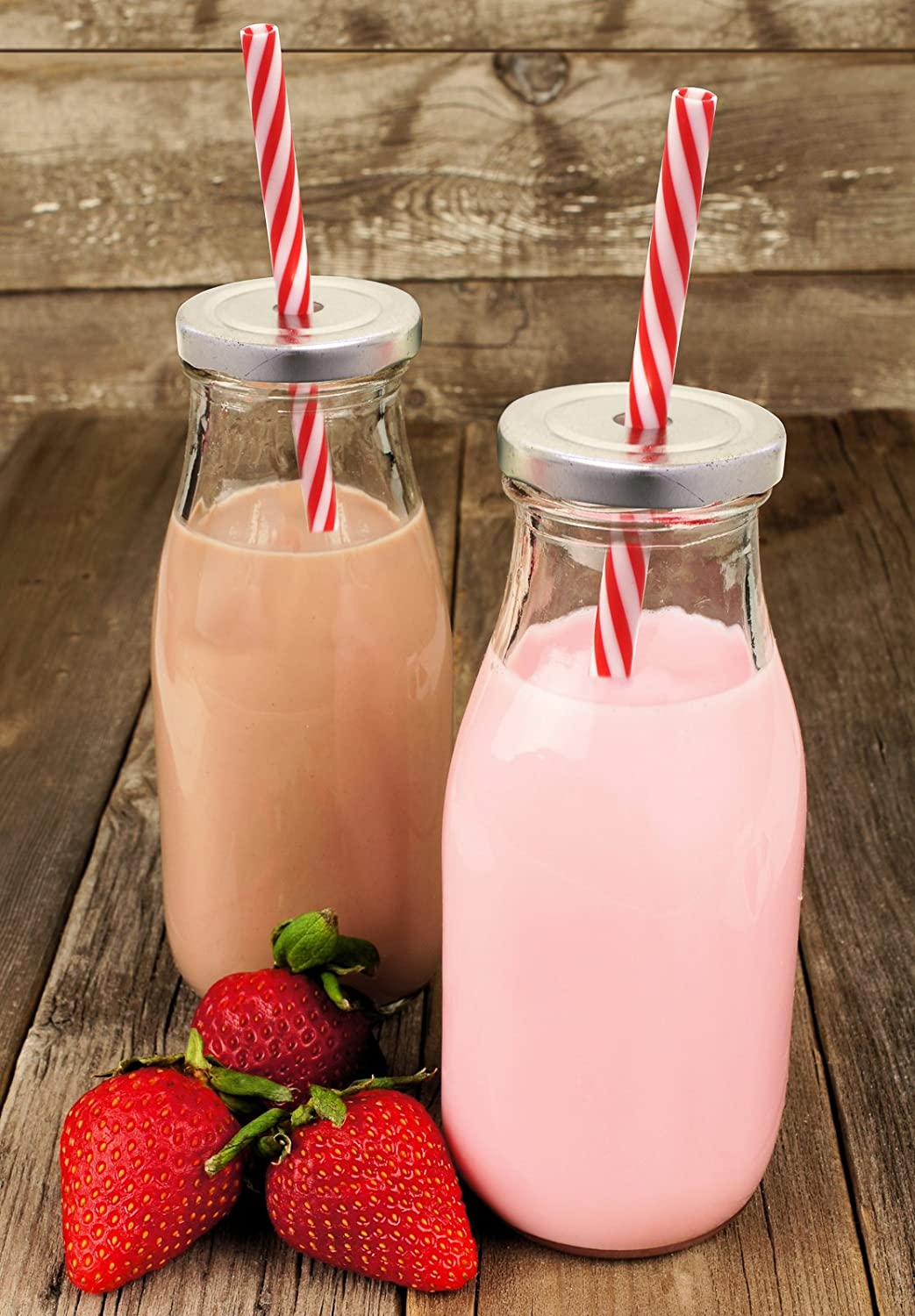 Glass Milk Bottles with Straws (Set of 6)